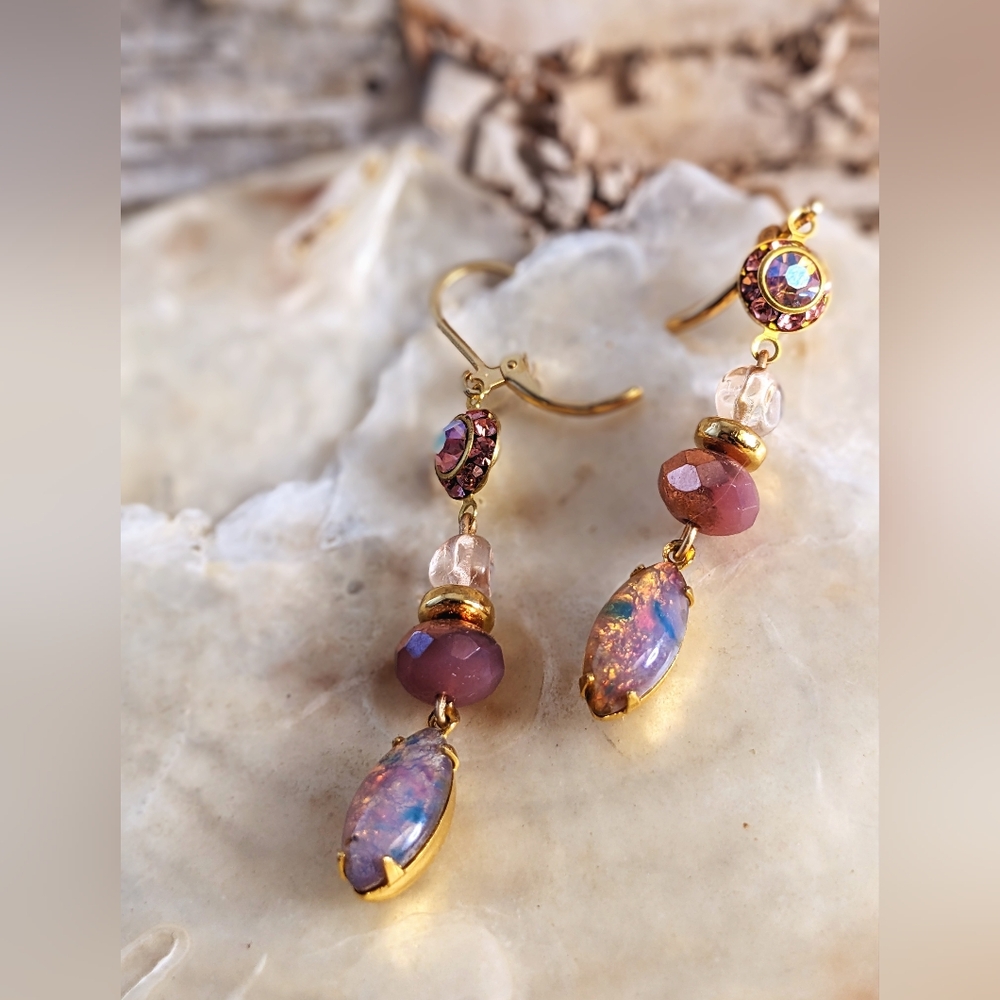 Victorian Pink AB & Opal Crysfal & Glass Artisan Handmade Gold Plated Earrings - Picture 6 of 9